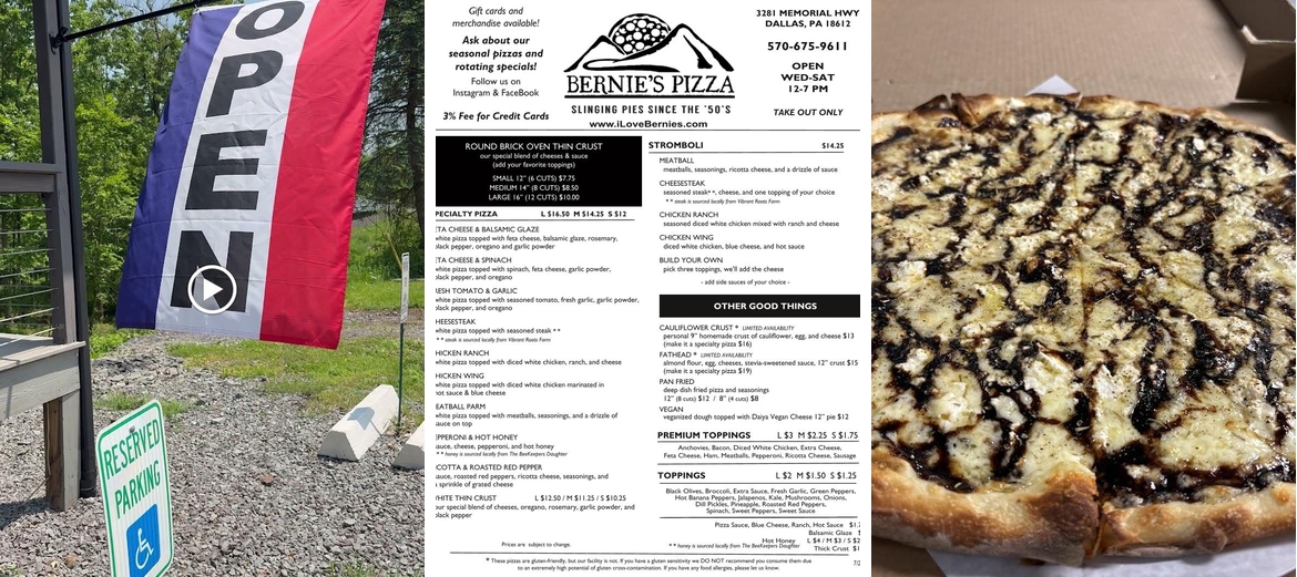 Bernie's Pizza Menu