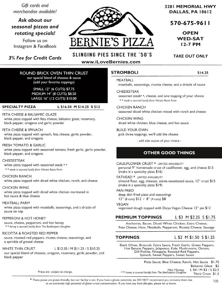 Bernie's Pizza Menu image 1